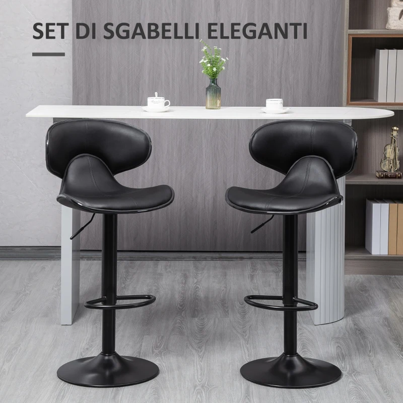 HOMCOM Sgabello da Bar Girevole, Set 2 Pezzi ad Altezza Regolabile con Poggiapiedi, 45.5x46x89.5-109.5 cm, Nero