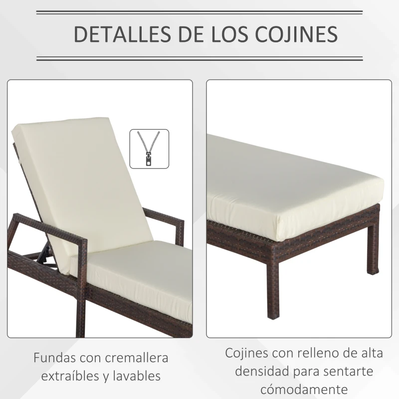 Outsunny Tumbona de Ratán de Jardín con Cojines Acolchados Respaldo Ajustable en 5 Posiciones 2 Ruedas y Tela Extraíble Lavable Carga 160 kg 67x196x96 cm Crema