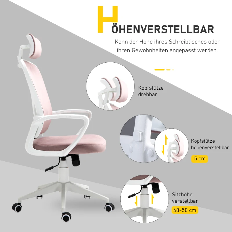 Vinsetto bureaustoel met wipfunctie draaistoel PP stoel in hoogte verstelbaar roze