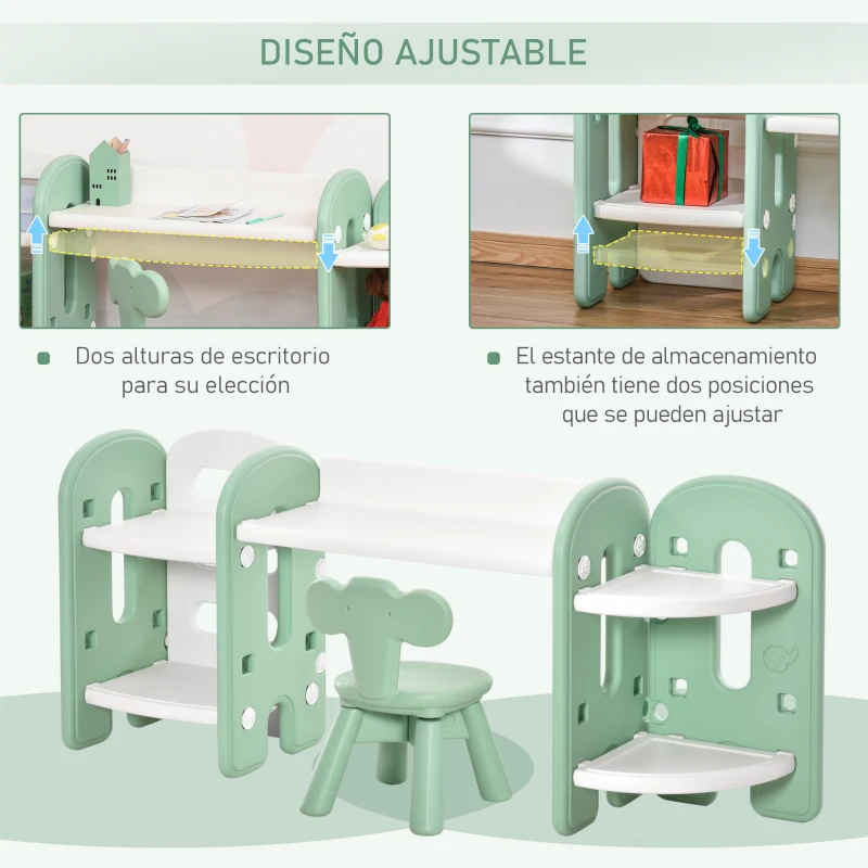 HOMCOM Juego de Mesa y Silla para Niños Pupitre Infantil 2 en 1 con 4 Estantes de Almacenaje para Libros Juguetes 150x35x62,5 cm Verde y Blanco