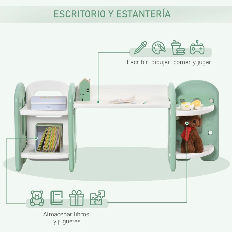 HOMCOM Juego de Mesa y Silla para Niños Pupitre Infantil 2 en 1 con 4 Estantes de Almacenaje para Libros Juguetes 150x35x62,5 cm Verde y Blanco