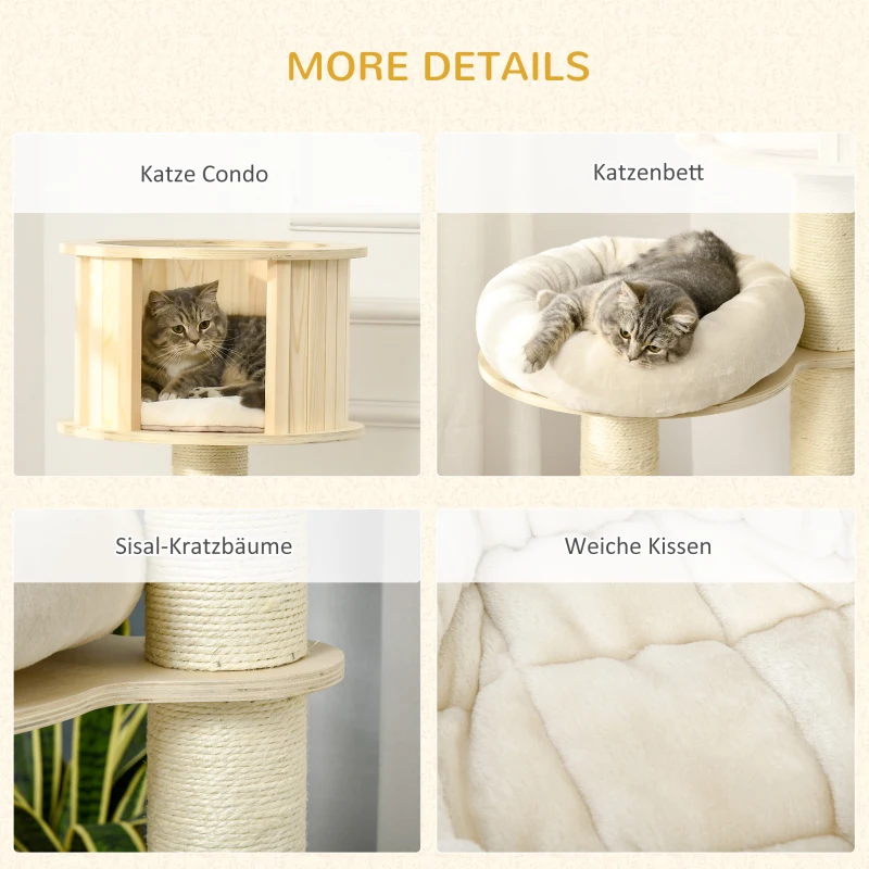 PawHut krabpaal met drie niveaus kattengrot en kussen naturel+crème sisal pluche