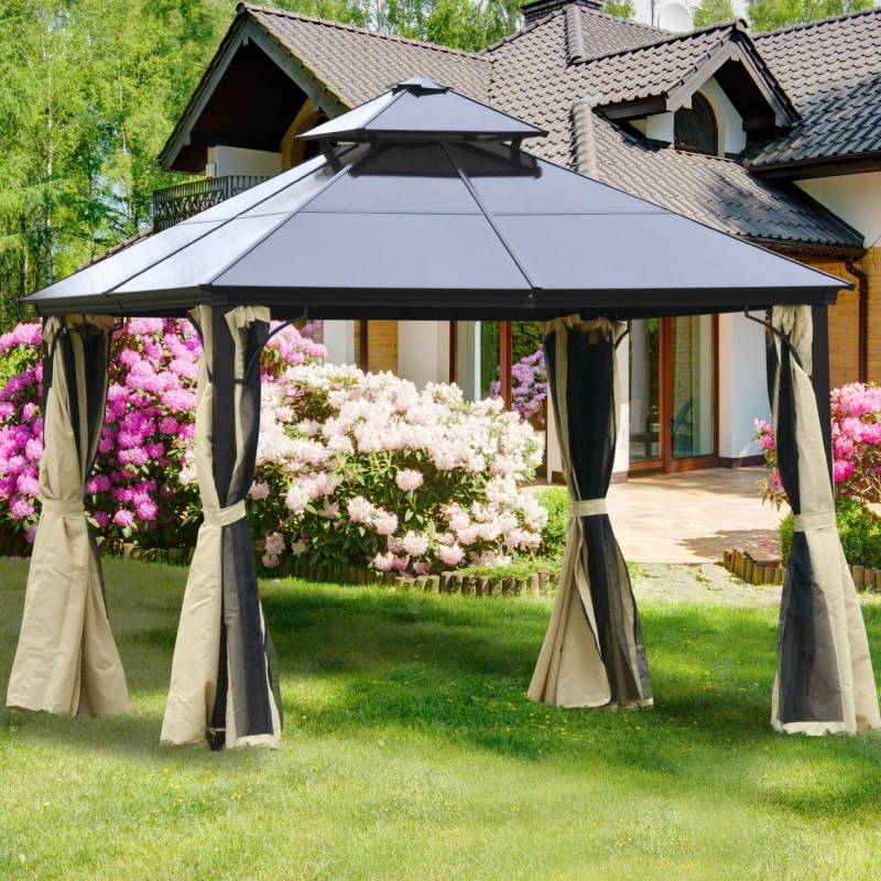 Outsunny Cenador para Jardín 3x3 m con Marco de Alumnio Pabellón para Exterior con Techo de Policarbonato Anti-UV Gazebo para Fiestas Eventos Beige y Negro