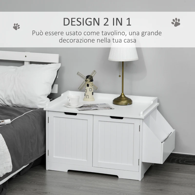 PawHut Mobile Lettiera per Gatti a 2 Ante, Portaoggetti Laterale e Foro d'Ingresso a Forma di Gatto, 88.5x48x51.5cm, Bianco