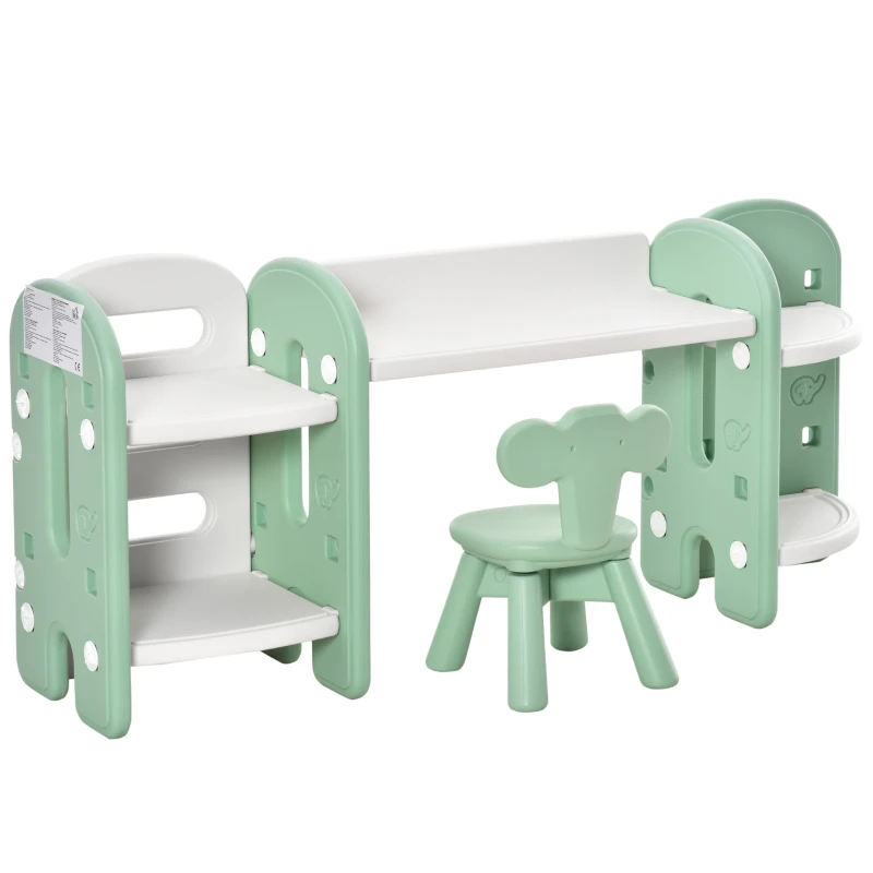 HOMCOM Juego de Mesa y Silla para Niños Pupitre Infantil 2 en 1 con 4 Estantes de Almacenaje para Libros Juguetes 150x35x62,5 cm Verde y Blanco