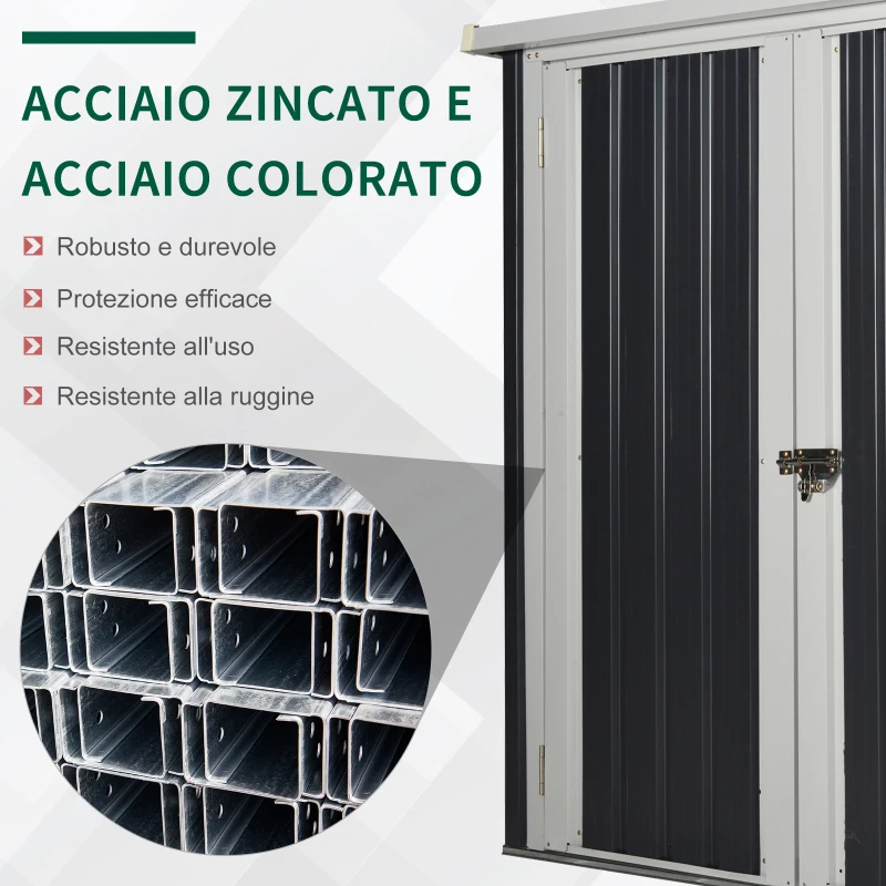 Outsunny Casetta da Giardino in Lamiera di Acciaio con Doppia Porta, 147x86x134cm, Nero e Bianco(m-5)