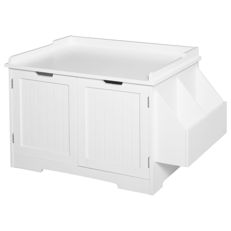 PawHut Mobile Lettiera per Gatti a 2 Ante, Portaoggetti Laterale e Foro d'Ingresso a Forma di Gatto, 88.5x48x51.5cm, Bianco
