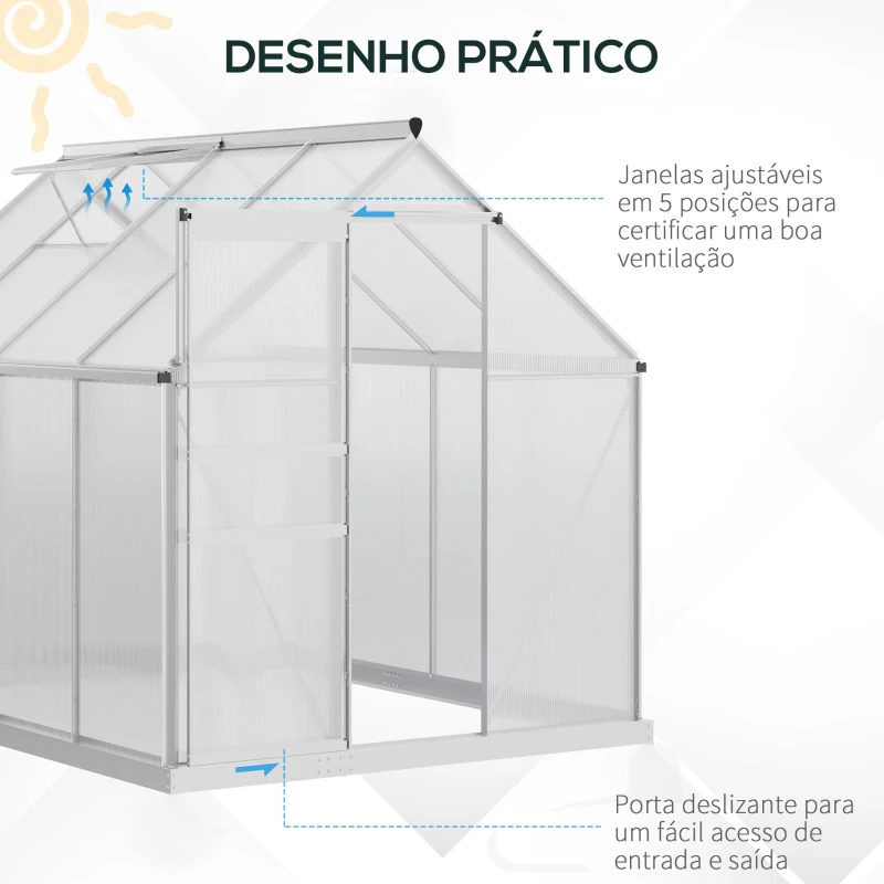 Outsunny Estufa de Jardim de Policarbonato e Alumínio Estufa de Exterior com Porta Corredeira e 2 Clarobóias para Cultivo de Plantas Sementes 190x253x199cm Transparente