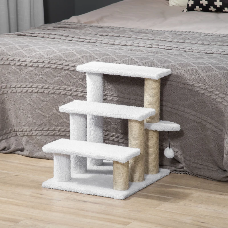 PawHut Schody dla zwierząt domowych z drapakiem piłeczka do zabawy 3-poziomowe schody dla kotów plusz juta