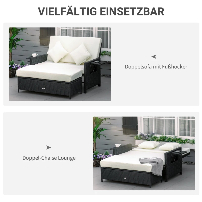 Outsunny, sofa z funkcją leżanki z technorattanu, sofa ogrodowa, 2-osobowy z poduszkami, brązowy