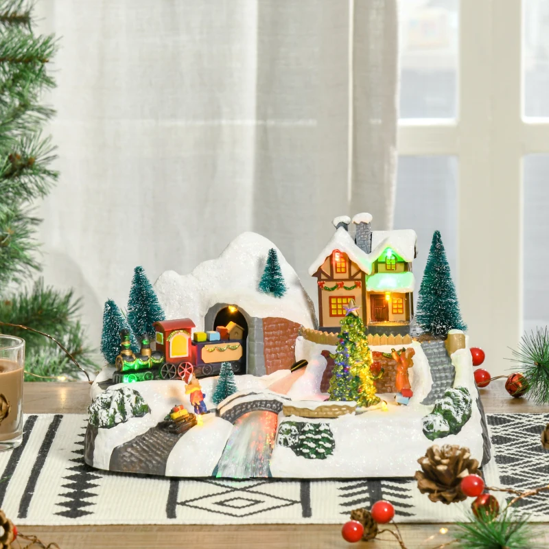 HOMCOM Prelit Christmas Musical Villages with Rotating Tree Animated Xmas Village with Sound Fibre Optic Transformer or Battery-Operated Festival Decoration for Tabletop