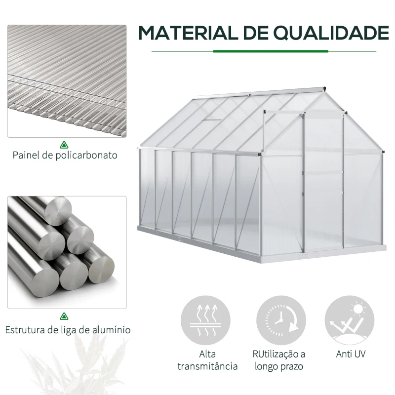 Outsunny Estufa de Jardim de Policarbonato e Alumínio Estufa de Exterior com Porta Corredeira e 2 Clarobóias para Cultivo de Plantas Sementes 190x375x199cm Transparente