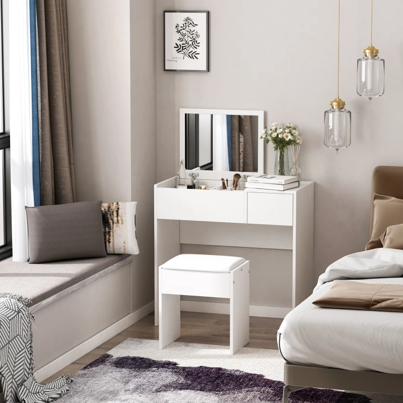 HOMCOM toaletka toaletka składane lustro kosmetyczne z białym taboretem