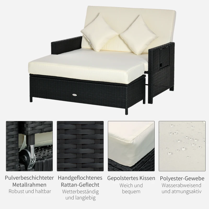 Outsunny, sofa z funkcją leżanki z technorattanu, sofa ogrodowa, 2-osobowy z poduszkami, brązowy