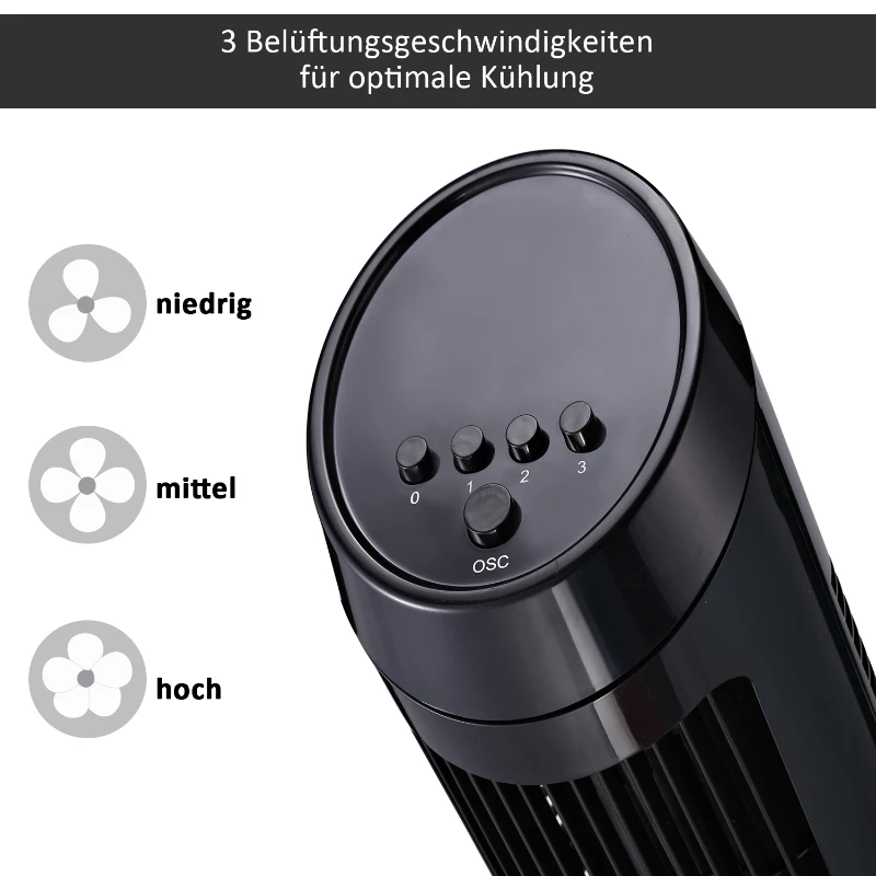 HOMCOM wentylator stojący wentylator kolumnowy 45 W, 3 poziomy wentylacji, ABS, czarny