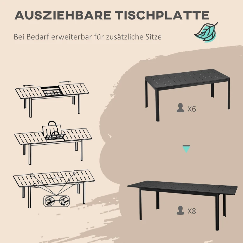 Outsunny rozkładany stół ogrodowy balkonowy 180–240 cm aluminium czarny