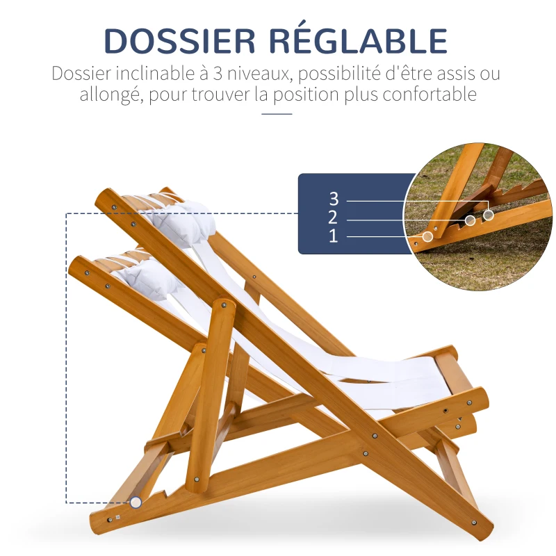 Outsunny Chilienne bois bain de soleil 2 places pliable chaise longue transat de jardin dossier réglable 3 positions 2 têtières rembourrées bois de peuplier tissu Oxford max. 200 Kg orange et crème