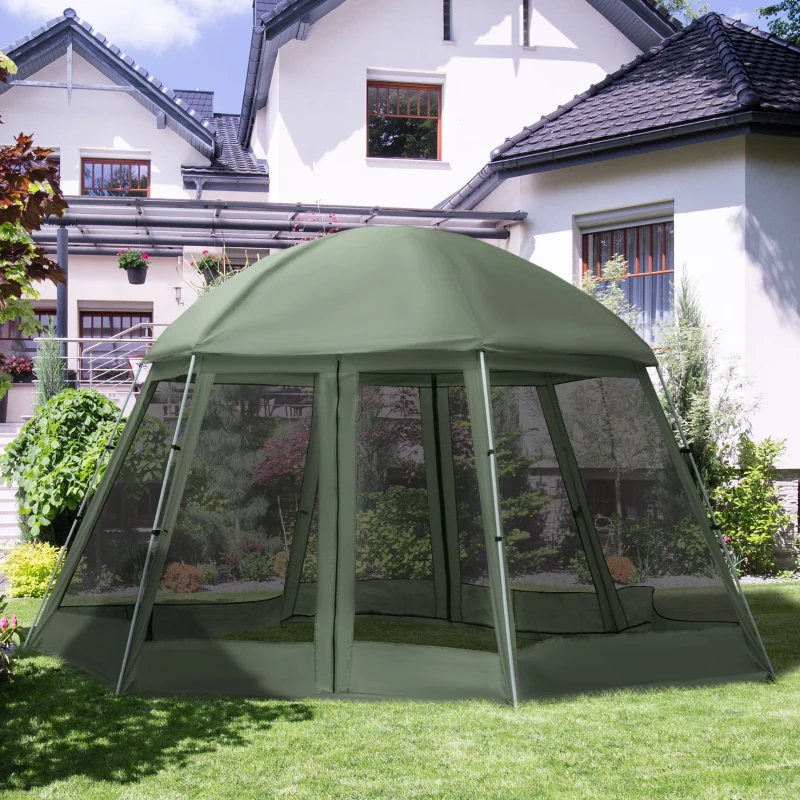 Outsunny Tente de camping randonnée hexagonale pour 6 à 8 personnes avec sac de transport et piquets de sol - dim. 490L x 490L x 243H cm fibre verre polyester - vert foncé
