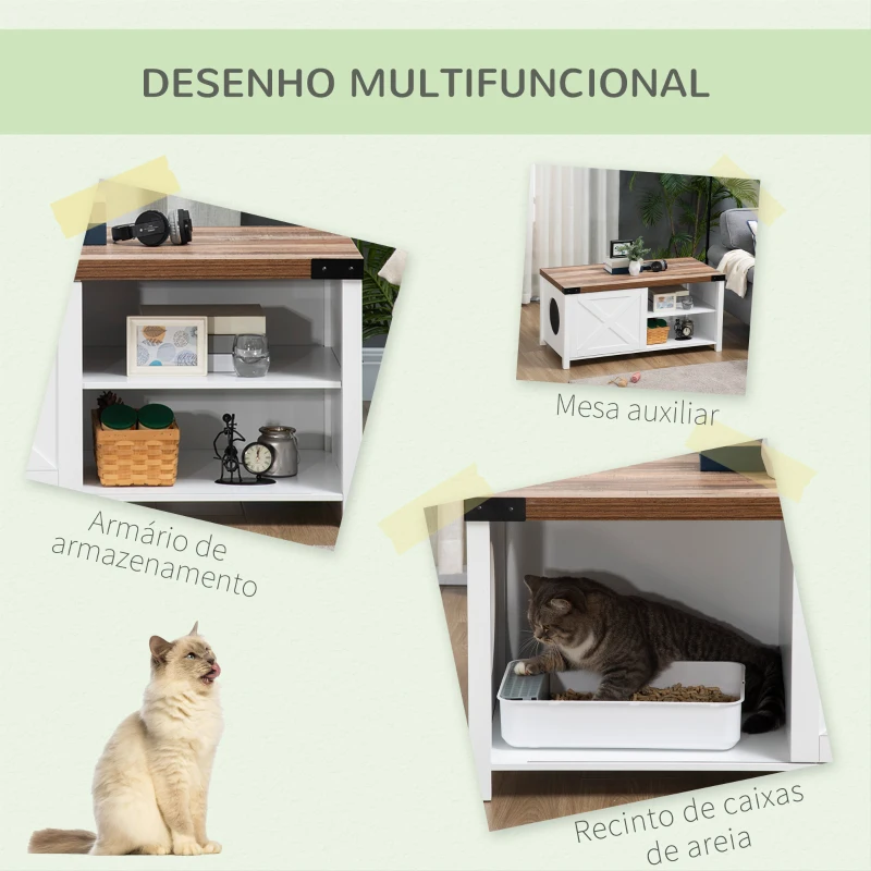 PawHut Casa para Gatos de Madeira Móvel Caixa de Areia para Gatos 2 em 1 com Porta Deslizante e Prateleira Interior 109x51x52cm Branco