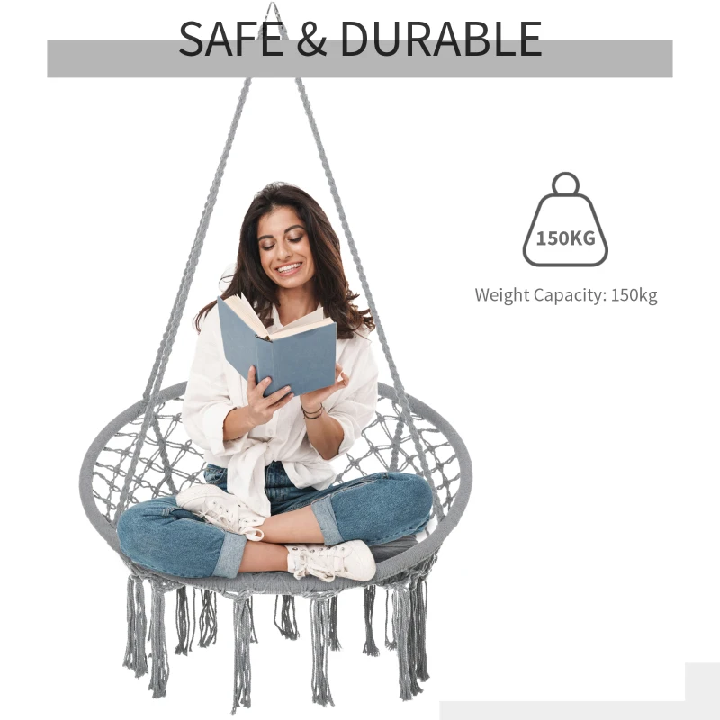 Outsunny Macrame Hanging Chair Swing Hammock for Indoor & Outdoor Use with Backrest, Cotton-Polyester Blend,Fringe Tassels,  Grey