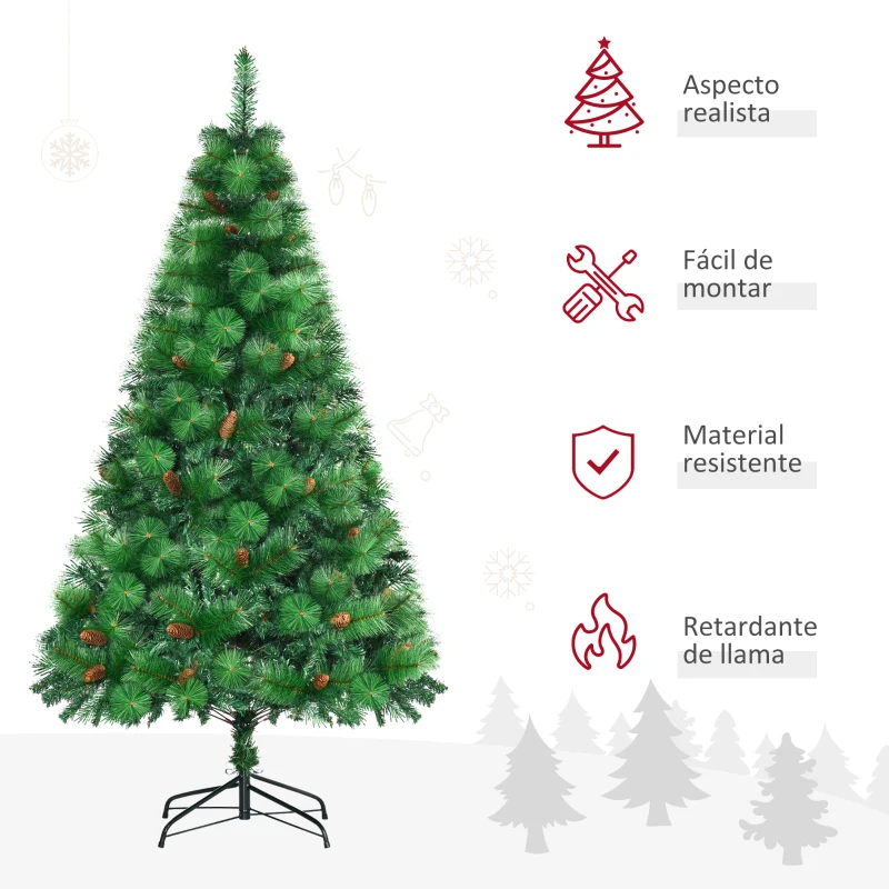 HOMCOM Árvore de Natal Artificial 180cm com 782 Ramos 56 Pinhas Folhas de PVC Base Dobrável e Suporte Metálico Verde
