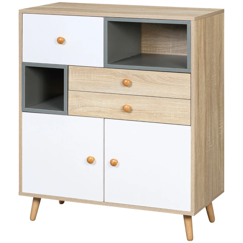 HOMCOM Modern Sideboard Storage Cabinet, Free Standing Accent Cupboard with 3 Drawers for Bedroom, Living Room, Hallway, Natural, White, Grey
