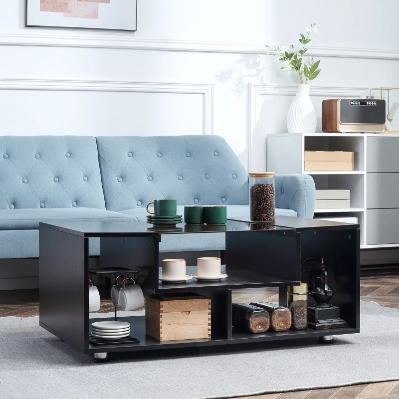 HOMCOM Modern Coffee Table with Tempered Glass Top, Cocktail Table with 3-Tier Storage Shelves for Living Room, Black