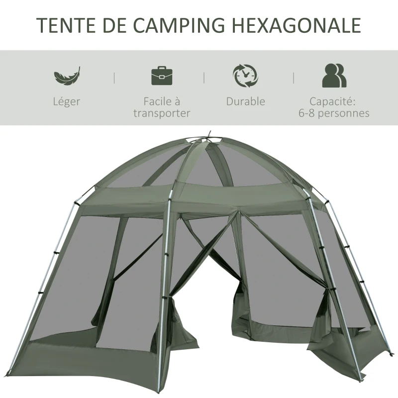 Outsunny Tente de camping randonnée hexagonale pour 6 à 8 personnes avec sac de transport et piquets de sol - dim. 490L x 490L x 243H cm fibre verre polyester - vert foncé