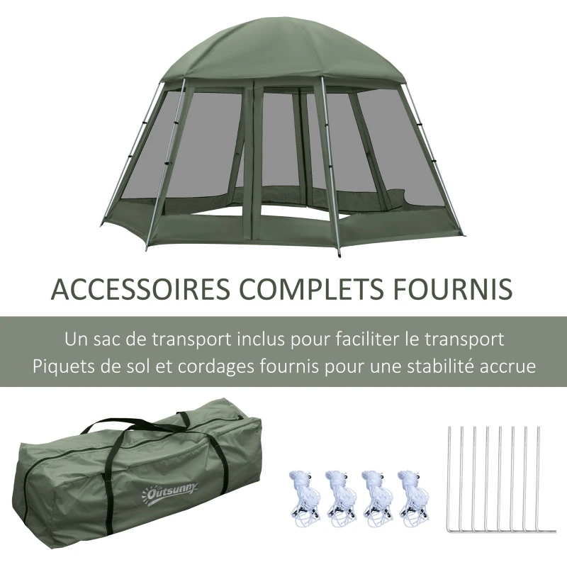 Outsunny Tente de camping randonnée hexagonale pour 6 à 8 personnes avec sac de transport et piquets de sol - dim. 490L x 490L x 243H cm fibre verre polyester - vert foncé