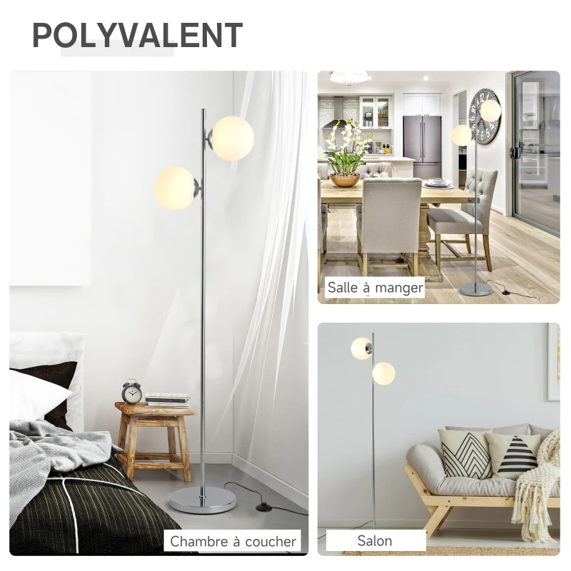 HOMCOM Lampadaire design néo-rétro 2 boules max. 40 W métal argenté