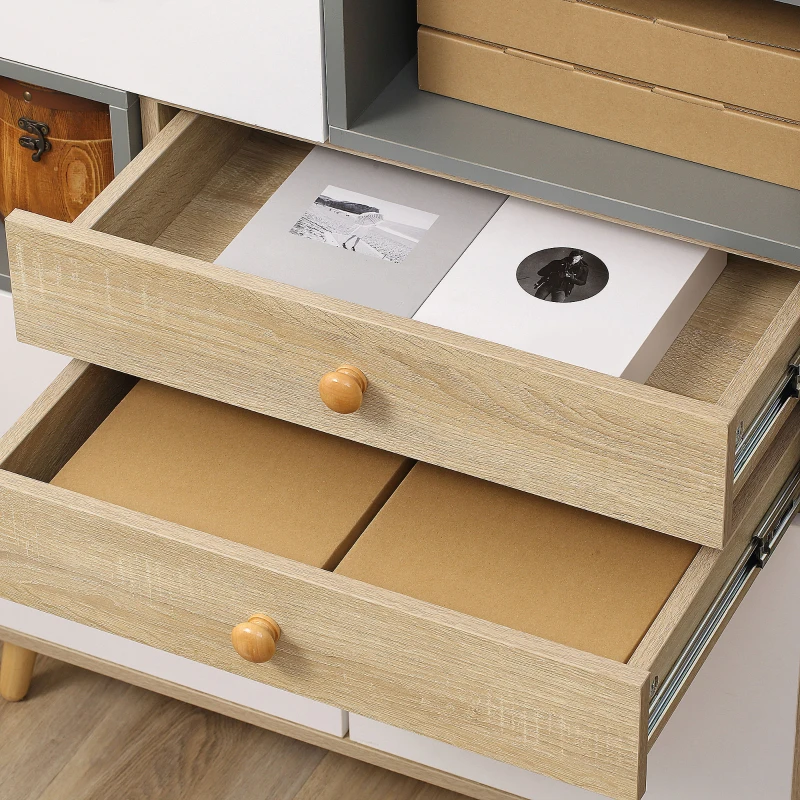 HOMCOM Modern Sideboard Storage Cabinet, Free Standing Accent Cupboard with 3 Drawers for Bedroom, Living Room, Hallway, Natural, White, Grey