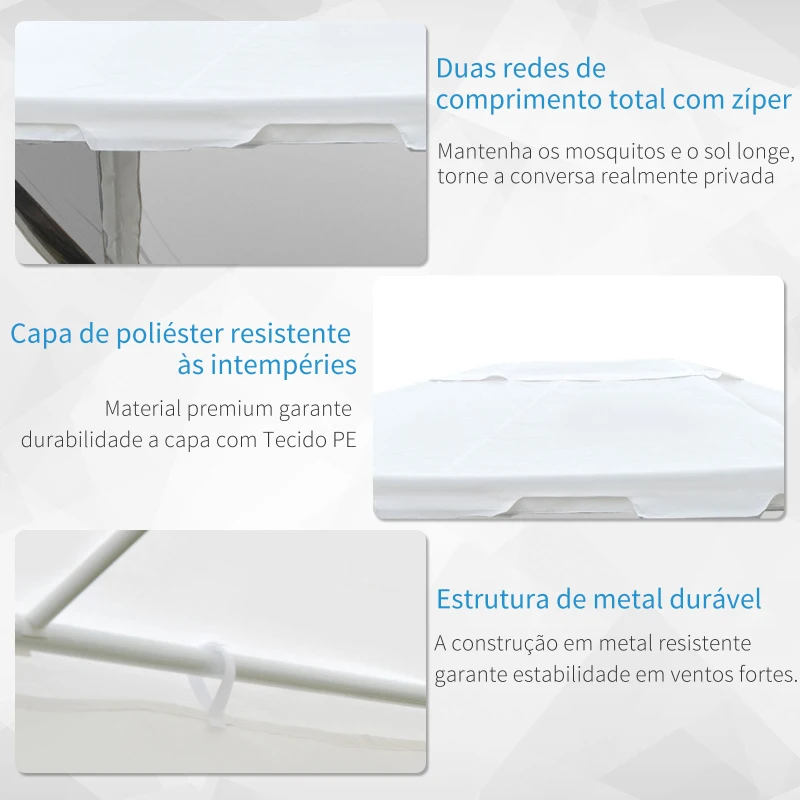 Outsunny Tenda de Jardim 395x295 cm com Redes Mosquiteiras Duplo Teto e Portas com Zíper para Exterior Branco e Preto