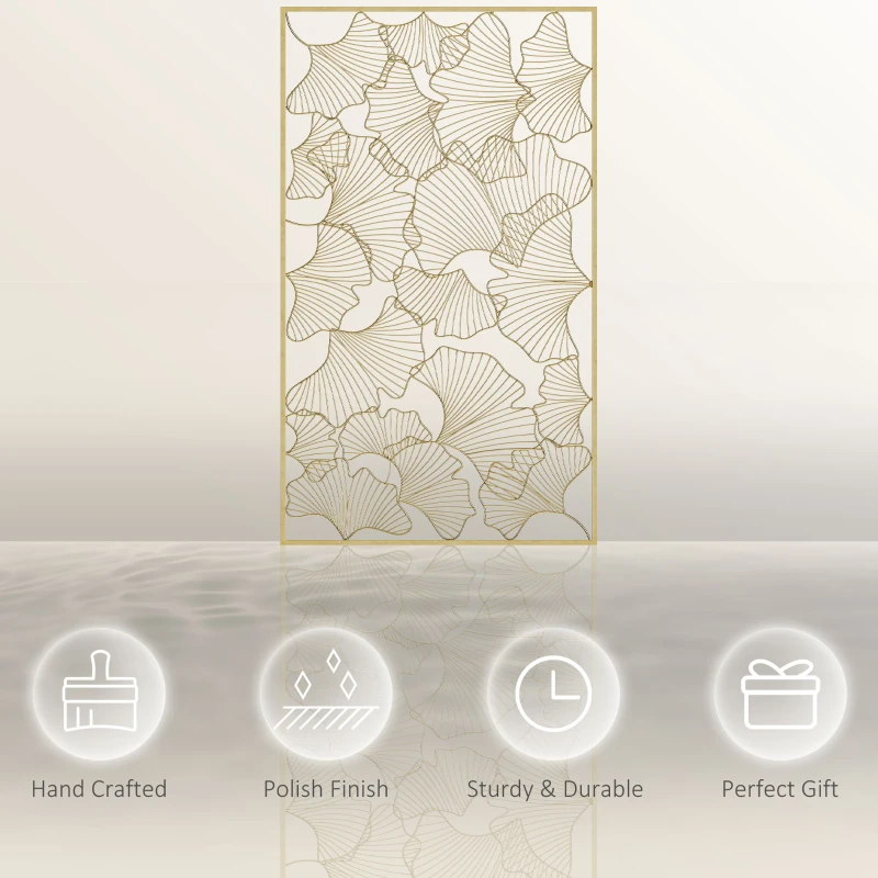 HOMCOM Decorazione Murale 3D Rettangolare in Metallo, Wall Art Dorata con Cornice e Foglie di Ginkgo, 50x85cm
