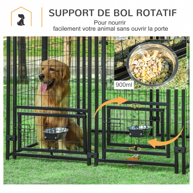 PawHut Chenil extérieur pour chiens parc à chiot avec toit en tissu oxford avec 2 supports de bol rotatifs 8 panneaux toit résistant aux intempéries 120 x 120 x 138 cm(m-5)