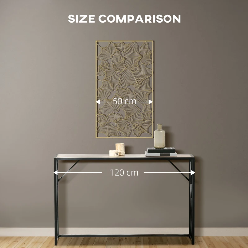 HOMCOM Decorazione Murale 3D Rettangolare in Metallo, Wall Art Dorata con Cornice e Foglie di Ginkgo, 50x85cm