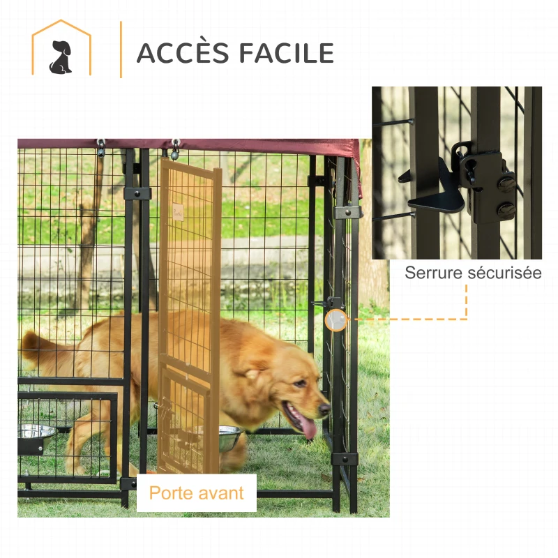 PawHut Chenil extérieur pour chiens parc à chiot avec toit en tissu oxford avec 2 supports de bol rotatifs 8 panneaux toit résistant aux intempéries 120 x 120 x 138 cm(m-7)