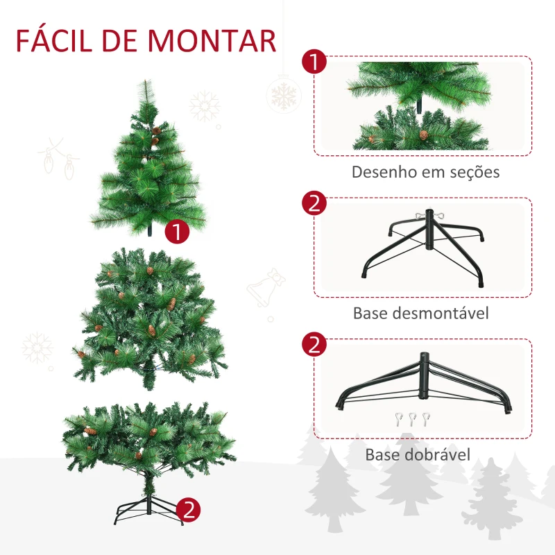 HOMCOM Árvore de Natal Artificial 180cm com 782 Ramos 56 Pinhas Folhas de PVC Base Dobrável e Suporte Metálico Verde