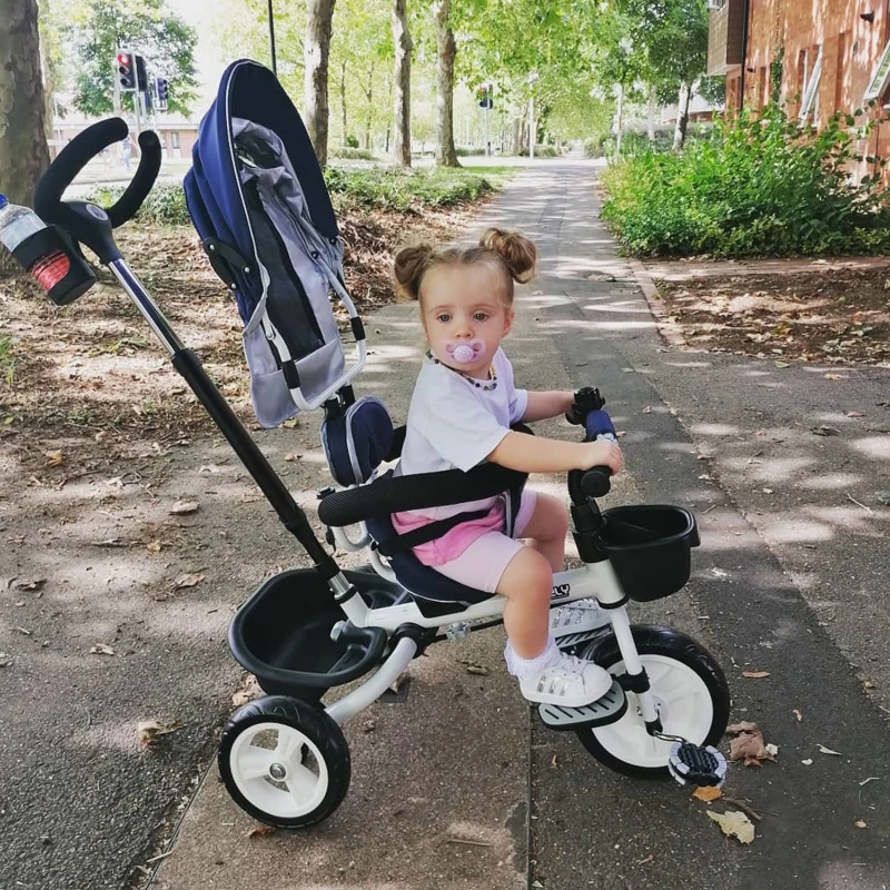 Homcom Triciclo Passeggino per Bambini con Maniglione Tetto Parapioggia Regolabile e Cestino, Blu