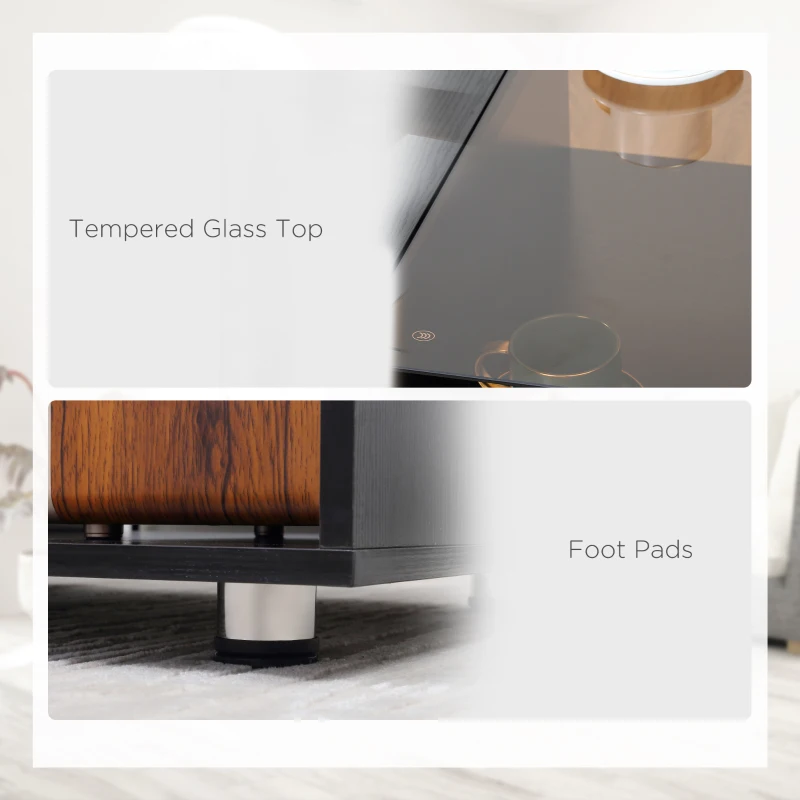 HOMCOM Modern Coffee Table with Tempered Glass Top, Cocktail Table with 3-Tier Storage Shelves for Living Room, Black