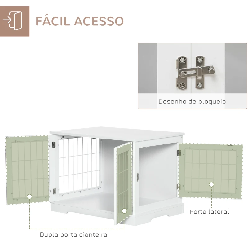 Pawhut Gaiola para Cães Pequenos de Madeira 76x54,5x56 cm Gaiola com Superfície de Mesa com 2 Portas e Grade de Aço Branco