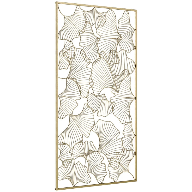 HOMCOM Decorazione Murale 3D Rettangolare in Metallo, Wall Art Dorata con Cornice e Foglie di Ginkgo, 50x85cm