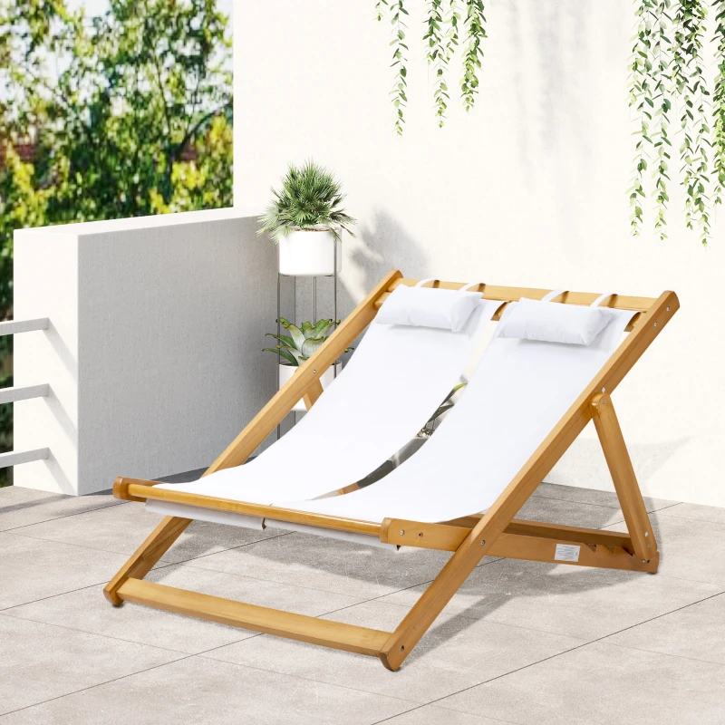 Outsunny Chilienne bois bain de soleil 2 places pliable chaise longue transat de jardin dossier réglable 3 positions 2 têtières rembourrées bois de peuplier tissu Oxford max. 200 Kg orange et crème