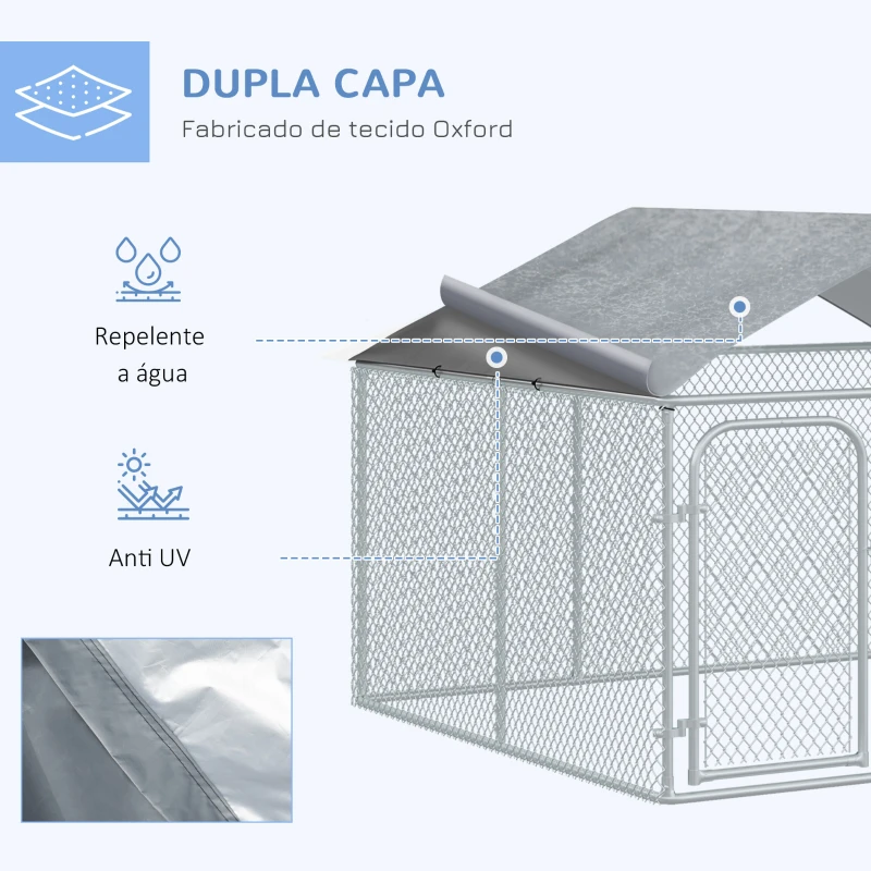 PawHut Canil de Exterior com Toldo Gaiola para Cães de Metal Galvanizado com Fechadura para Jardim Pátio 230x230x175cm Prata