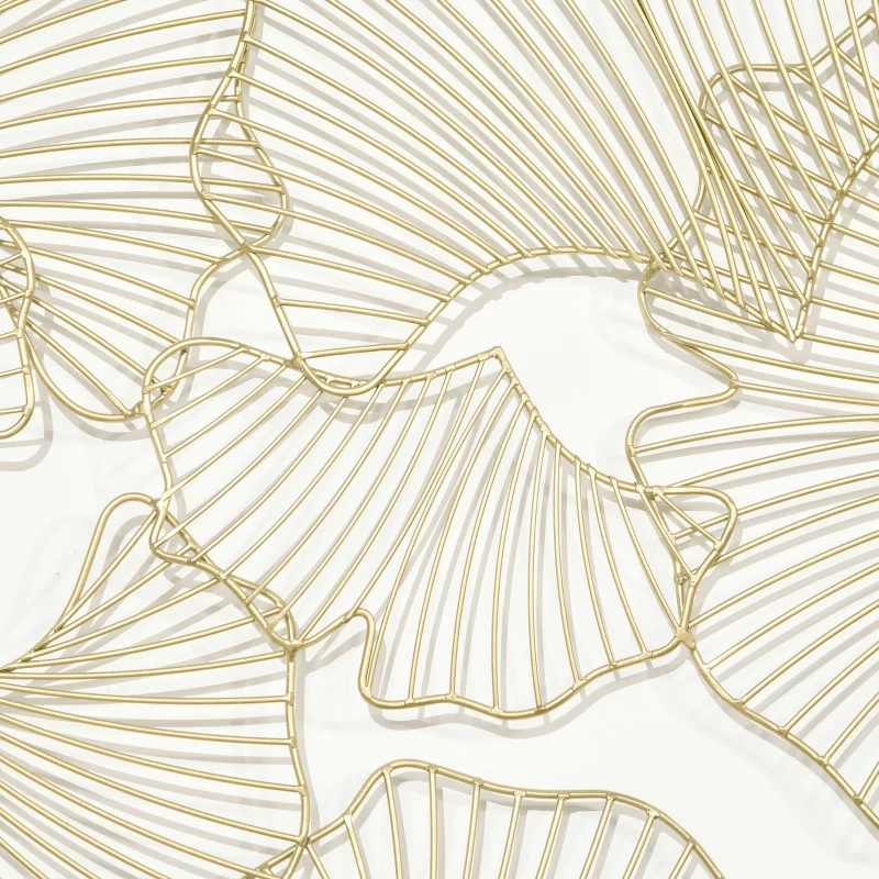 HOMCOM Decorazione Murale 3D Rettangolare in Metallo, Wall Art Dorata con Cornice e Foglie di Ginkgo, 50x85cm