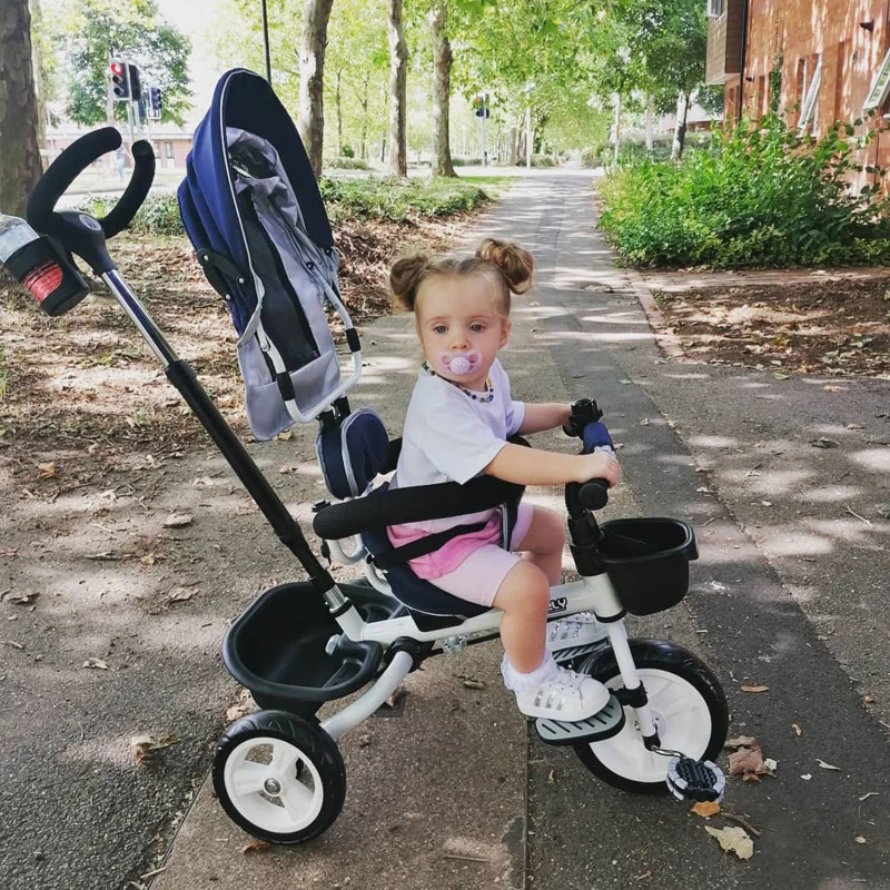 HOMCOM Triciclo per Bambini con Maniglione Tettuccio Deluxe Struttura Metallo 102 x 49 x 102cm Nero Blu