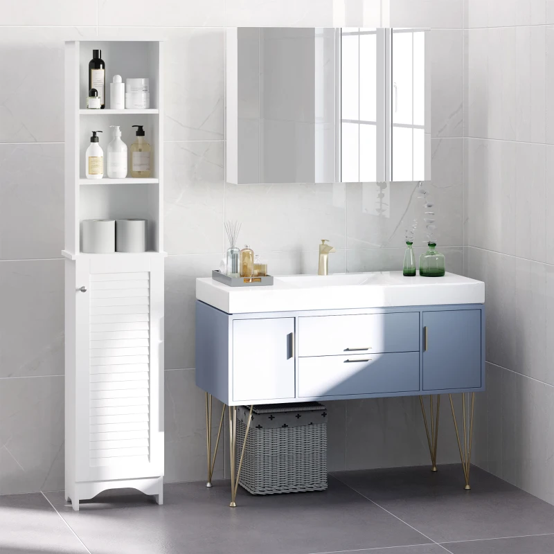 HOMCOM Coluna Casa de Banho com 1 Porta 3 Prateleiras Abertas e Prateleira Interior Ajustável 34x20x165cm Branco