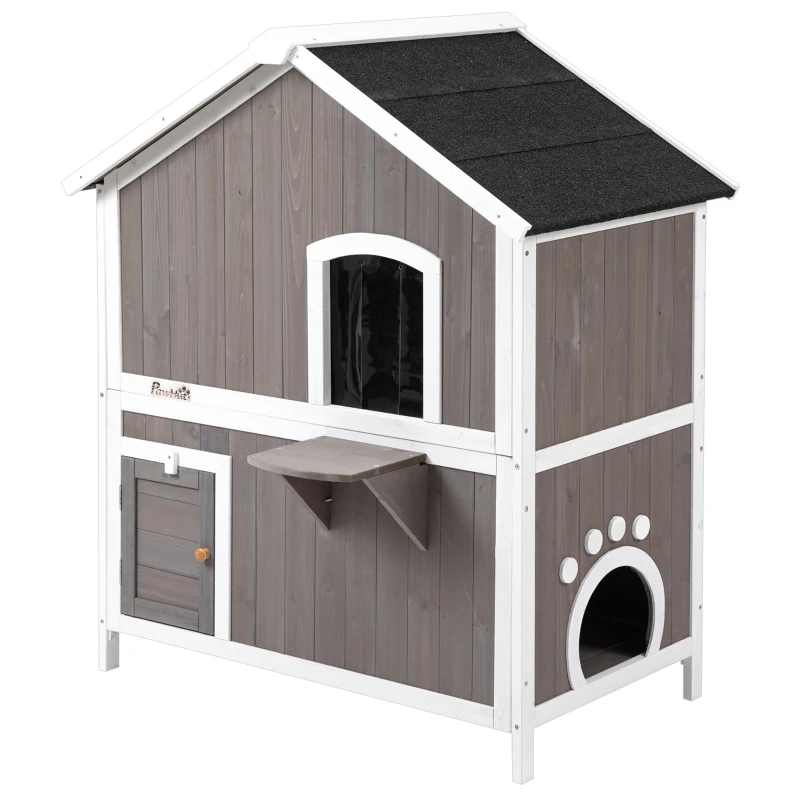 PawHut Katzenhaus Tannenholz Katzenhütte Katzenhöhle mit Plattform Katzenvilla Kleintierhaus für Katzen 2 Ebenen Indoor Outdoor Katzengehege wärmeisoliert wetterfest Grau 100 x 62,5 x 119 cm