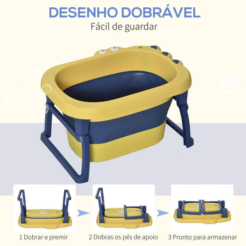 HOMCOM Banheira Dobrável para Bebé de 0-6 Anos Capacidade 105L Banheira Portátil para Crianças 75,3x55,4x43cm Amarelo e Azul