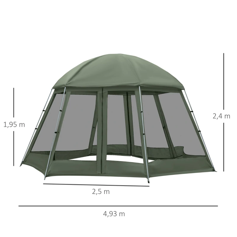 Outsunny Tente de camping randonnée hexagonale pour 6 à 8 personnes avec sac de transport et piquets de sol - dim. 490L x 490L x 243H cm fibre verre polyester - vert foncé