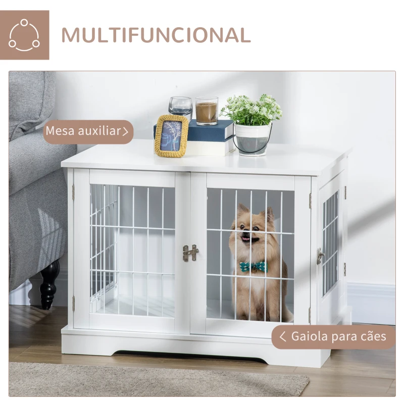 Pawhut Gaiola para Cães Pequenos de Madeira 76x54,5x56 cm Gaiola com Superfície de Mesa com 2 Portas e Grade de Aço Branco